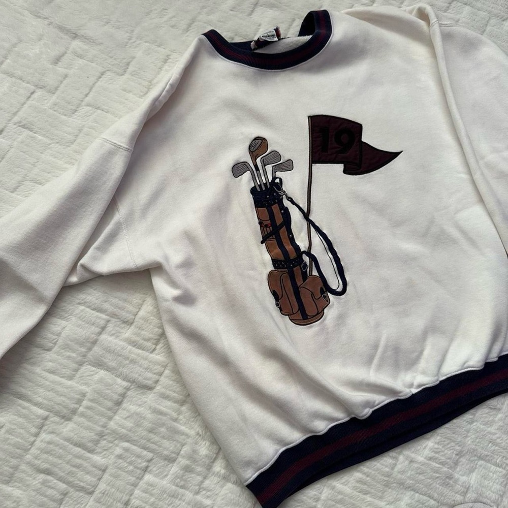 Vintage 1990s Cream Golf Clubs embroidered Graphic Sweatshirt with Stripe Trim L - Picture 6 of 8
